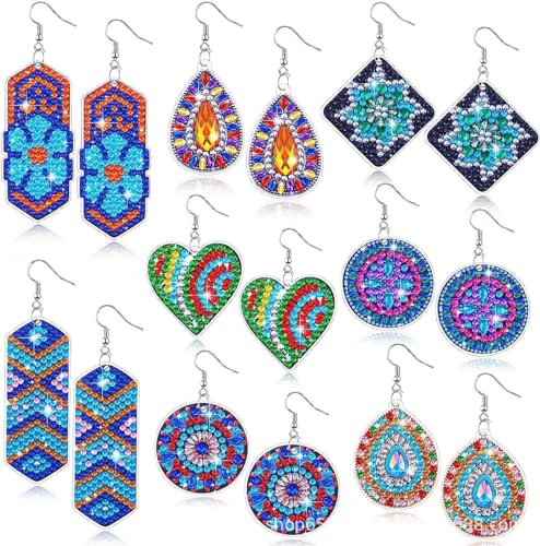 Erlsig Lot de 8 boucles d'oreilles de peinture diamant - 8 kits de boucles d'oreilles - 5D DIY - Peinture diamant - Bijoux - Boucles d'oreilles pour femmes et filles