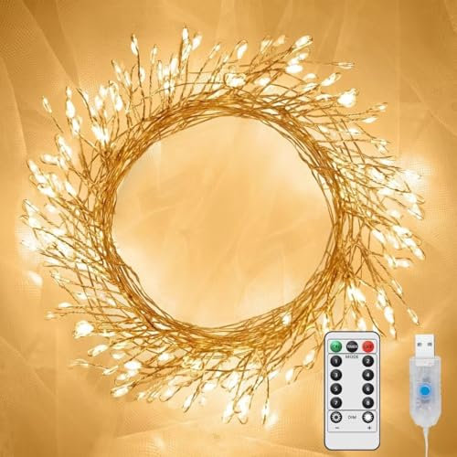 Guirnalda de luces USB con forma de petardo enchufable, 100 luces LED parpadeantes con control remoto y temporizador, luces de racimo impermeables para coronas de interiores, bricolaje, fiestas,