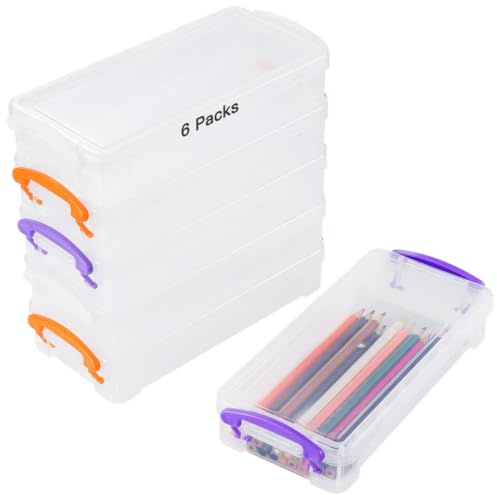 Estuche apilable con tapa a presión, caja de plástico transparente, 6 paquetes de gran capacidad, caja organizadora de almacenamiento para bolígrafos de gel, gomas de borrar, lápices, marcadores