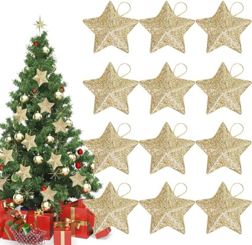 Weihnachtsdeko Gold, 12 Christbaumschmuck Sterne, Weihnachtsbaumschmuck Gold, Glitzer Weihnachtlicher Baumschmuck, Christbaumanhänger, Tannenbaumschmuck, Weihnachtsbaum Deko für Kamin, Tischdeko