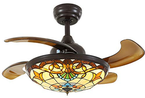 Tiffany Ventilatore da soffitto con luce vintage lampadario ventilatore remoto e controllo APP Lame retrattili dimmerabile 36 pollici per soggiorno camera da letto