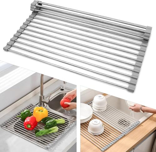 Traumarkeu 2 Pezzi Scolapiatti da Appoggio, Scolapiatti Pieghevole in Acciaio inox Sopra il Lavello della Cucina, Organizer Tappetino per Tazze, Spugne per Pulire,Frutta, Verdura(Grigio)