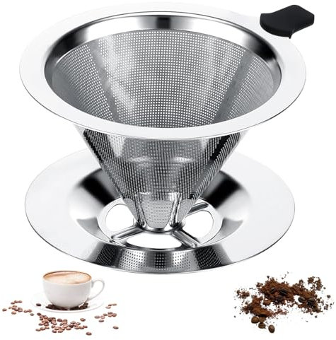 V60 Filtro Cafe Permanentes Filtros Cafetera Goteo 600 Mallas Colador de Cafe de Acero Inoxidable Doble Capa de Malla para Verter Sobre Goteo Filtro Cafetera con El Mango de Silicona Anti Escaldado