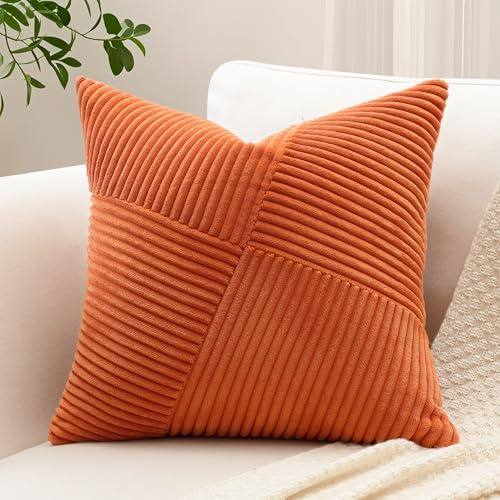 Sungeek Lot de 1 Housse de Coussin 40x40 cm en Velours Côtelé, Housse Coussins Patchwork à Rayures Pinwheel Doux Taies d'oreiller Décoratives pour Lit Canapé Chambre Salon, Rouille