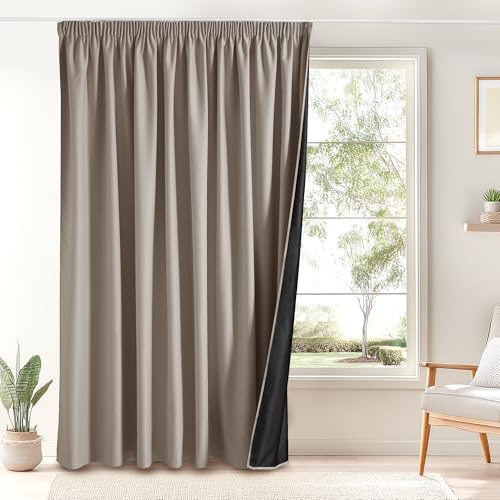 PONY DANCE Extra Breite Gardinen für Schienensystem Verdunklungsvorhänge | 1er Set H 245 x B 300 cm, Sandfarben, 100% Blickdicht, Thermovorhang Hitzeschutz, mit Kräuselband, für Wohnzimmer
