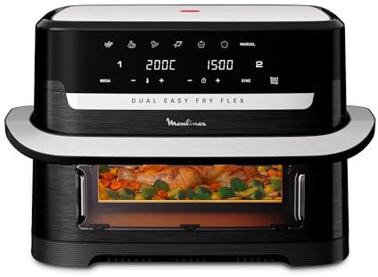 Moulinex Dual Easy Fry Flex Friggitrice ad Aria con Divisore, 2 Scomparti, FlexCook Technology, 2 resistenze superiori, Capacità fino a 9L/2,5kg, 8 Persone, 2700W, 7 Programmi, App My Moulinex, EZ9228