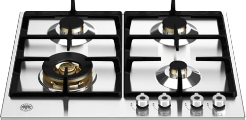 BERTAZZONI, PROFESSIONAL, P604LPROX, Piano Cottura Gas 4 Fuochi in Ottone con Wok, Griglie Ghisa, COLRO INOX, Misure in cm 60x52 (Foro 56x48)
