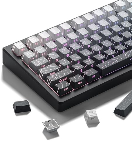 dagaladoo White/Grey Topographic keycap Sets Line Backlit Gradient keycaps Shine Through Keyboard Keys Side Printed Key caps Cherry Profile for 61/64/66/68/71/75/84/87 Mechanical Keyboards