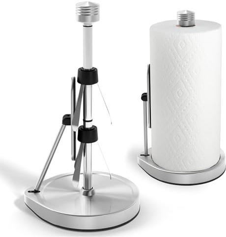 Heavy-Duty Stainless Steel Paper Towel Holder - Easy One-Handed Tear with Suction Cups - Modern Weighted Standing Countertop Dispenser for Kitchen - Holds All Paper Towel Rolls, Silver