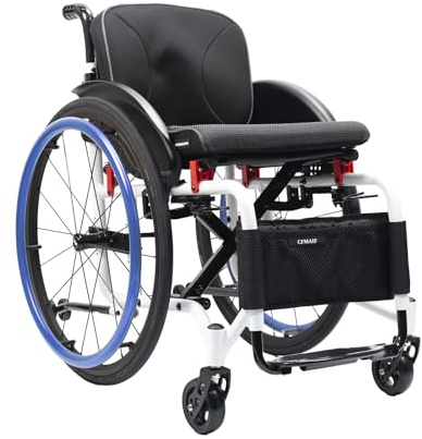 CFMAIF Silla de Ruedas de tránsito, Aluminio, Plegable, Freno en manetas, Autopropulsable, Viaje de embarque portátil, reposapiés abatible(38cm/14.9in Seat,Blue)