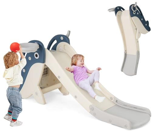 GYMAX Kids Slide, 4 in 1 Children Climber Playset with Basketball Hoop and Ring Toss Game, Toddler Freestanding First Slide Toy for Indoor Outdoor (Beige+ Navy, 150 x 72 x 66 cm)