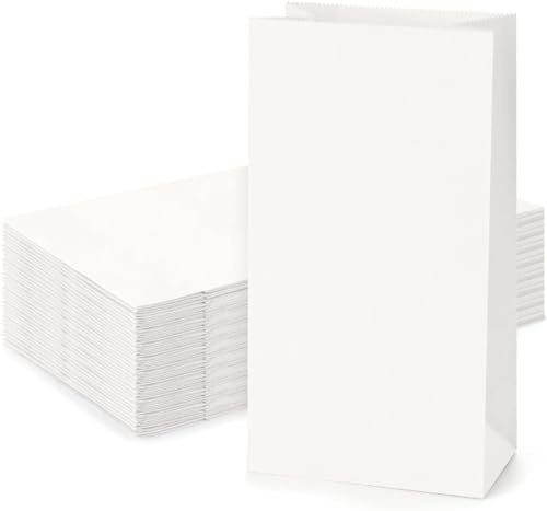 Large White Paper Bags for Snack Takeaway Bread Packaging, 15 x 9 x 28cm Grocery Bags Sandwich Retail Gift Wrapping for Shopping Party Crafts Projects, 100 Pack