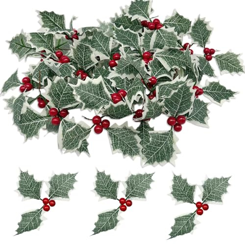 SAIIURV 36 Stück Weihnachtsbeeren Künstlich, Stechpalmenbeeren mit Grünen Blättern für Weihnachts Rote Stechpalme Blätter Beeren Holly Berry Green Leaves für Weihnachtsgirlande Tischdekoration (Grün)