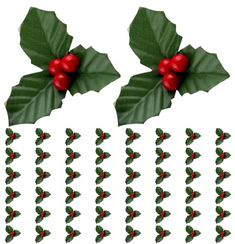 Couronne de Noël Rouge 50 pièces Mini décorations de Faux Houx et Baies avec Support en Fil pour Vase à Bougie Flottante décoration Vacances - Fleurs Noël
