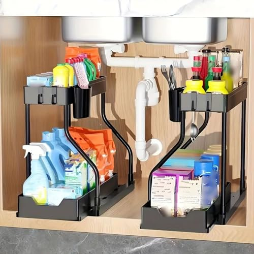 2 Pack Under Sink Storage with Pull-Out Drawers, Kitchen Organiser Shelf with Hanging Hooks for Cabinet Organisation，2 Tier