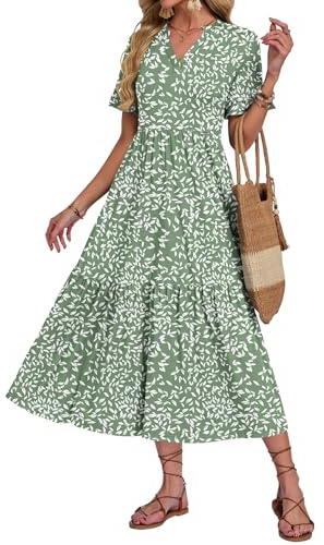 AUSELILY Summer Dresses for Women UK V Neck Maxi Dresses Ladies Ruffle Short Sleeve Swing Casual Long Beach Dress with Pockets Flyleaf Olive L