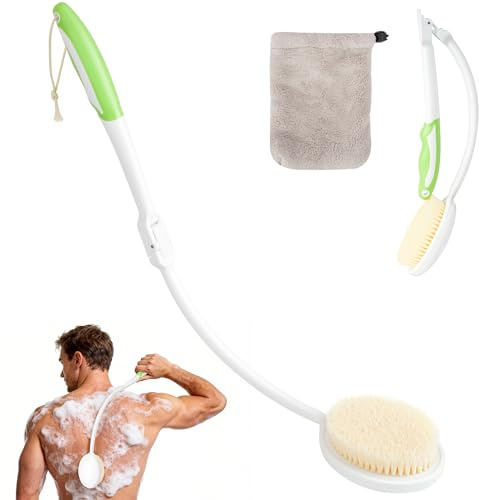 Rückenbürste mit langem Stiel, Weiche Duschbürste, Badebürste und Körperbürste, inkl. Handtuch, für Duschbürste Rücken & Trockenbürste Körper