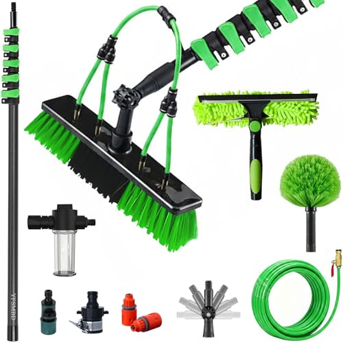 3,6 -20m Teleskop Waschbürste mit Wasseranschluss | mit Abzieher, Staubwedel & Seifenspender | Reinigungsbürste Ausziehbar aus Kohlefaser für PV Anlagen, Fenster, Wohnmobil (35cm brush,12.2m)