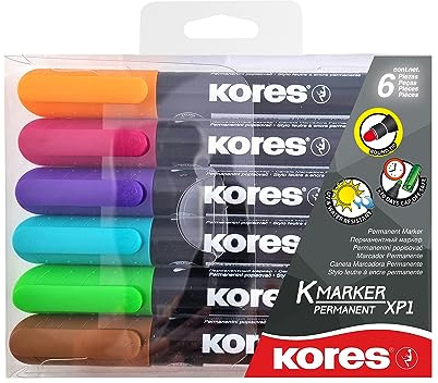 Kores permanent markör M20900 tum x 1 tum; 3 mm rundspets; set med 6 färger