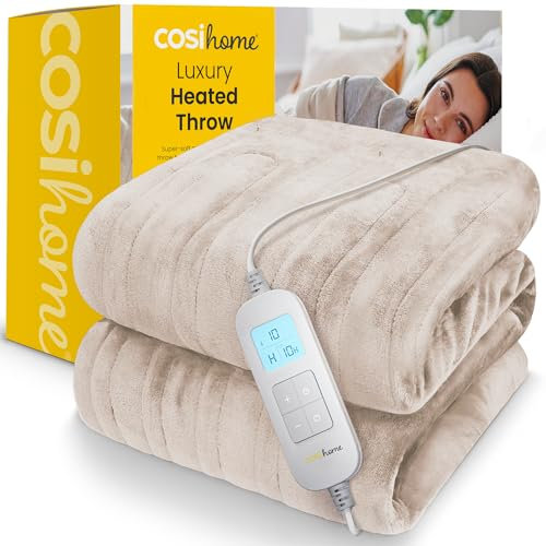 Cosi Home Heizdecke 180x130 cm - Elektrische Wärmedecke mit Abschaltautomatik, Überhitzungsschutz, Waschbar, Kuscheliges Fleece, 10 Heizstufen mit digitaler Fernbedienung, 10 Stunden Timer - Creme