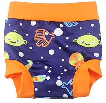 BabyPreg Badbyxor med blöjskydd för baby och barn Badshorts med hög midja som skyddar magen (Blå (fisk), 3-5 år)