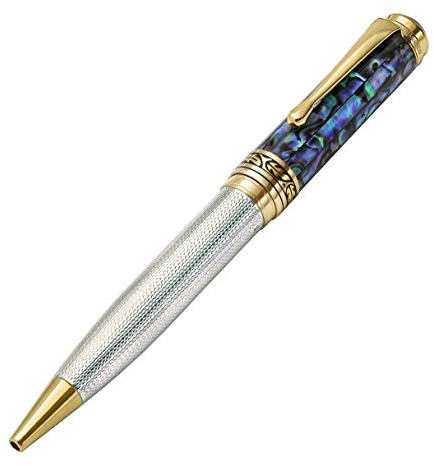 Xezo Maestro Ballpoint Pen, Solid 925 Sterling Silver and Blue Pāua Sea Shell with 18 Karat Gold Plating. Handmade, No Two Alike, Serialized
