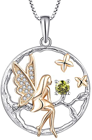 FJ Collier Femme Collier Ange Gardien Argent Sterling 925 Pendentif Arbre de Vie Collier Papillon Fée Elfe Pierre de Naissance Août Collier Péridot Cadeaux de Bijoux pour Femme Fille