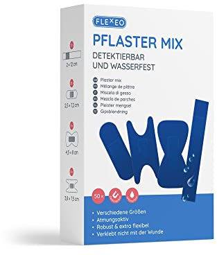 Pflaster Mix Set detektierbar & wasserfest - 50 Stk Blau - Box mit Fingerpflaster lang, Fingerkuppenpflaster, Gelenkpflaster & Strips - Pflasterbox gefüllt für Reise & Büro - Pflasterset - band aid