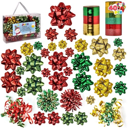 JOYIN 47 Weihnachts-Geschenkschleifen mit 34 mehrfarbigen selbstklebenden Geschenkschleifen in verschiedenen Größen, 2 lockigen Schleifen, 2 Lametta-Schleifen und 9 Kräuselbändern zum Verpacken