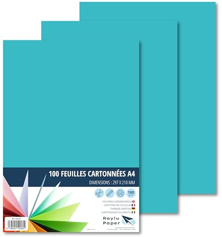 RAYLU PAPER – Cartoncini Colorati A4, 100 Pezzi Fogli Colorati 180g/m², 210 x 297 mm, Carta Colorata Proffesionale per l’ufficio e per l'artigianato (Turchese)