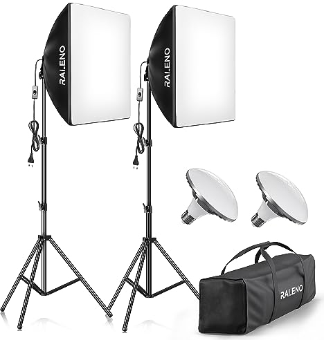 RALENO Softbox, Kit Studio Photo Softbox LED 50W, Lampe de Photographie 50x50 cm avec Ampoules 5500K et Trépied, Photographie de Portrait, Enregistrement Vidéo