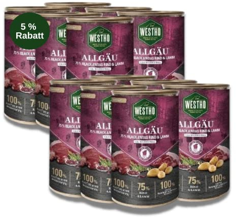 WESTHO Nassfutter Allgäu Adult Senioren (12 x 400 g) | 75% Black-Angus-Rind und Lamm | Getreidefrei | Hundefutter für aktive Hunde jeder Rasse | Reich an Antioxidantien