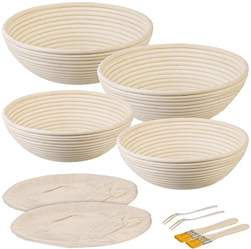 Rosenstein & Söhne Brot Backen Zubehör: 4er-Set Gärkörbe, Ø 25 & 30 cm, Abdecktücher, Gabel, Reinigungspinsel (Brotbackschale, Korb-Schale, Topf)