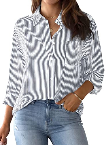 NONSAR Bluse Damen Elegant Langarm Streifenbluse Hemden mit Knöpfen Casual Büro Arbeit Blusen Baumwolle Tunika Hemd Oberteile Tops(9359L,Grau)