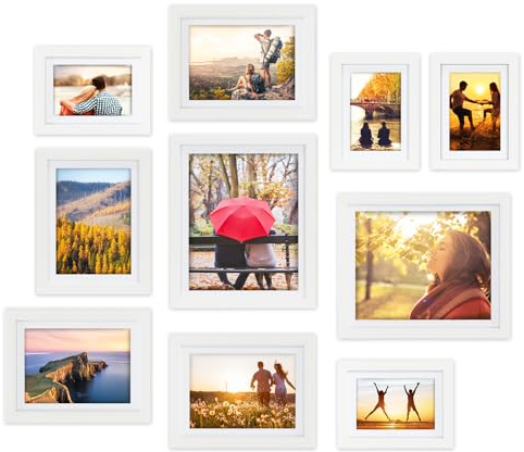 Giftgarden 10er Weiß Bilderrahmen Set Verschiedene Größen mit Passepartout, Multi Bilderrahmen Collage 10x15 (4er), 13x18 (4er), 20x25 (2er), Modern Fotorahmen für Wand- oder Tischaufsteller