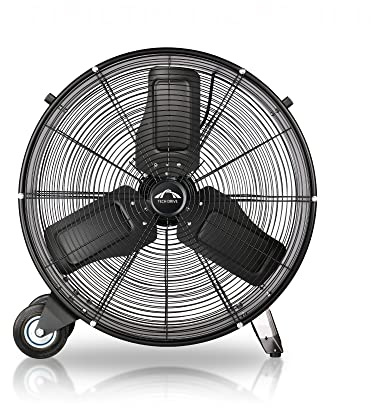 Tech Drive Heavy Duty Metal Industrial Drum Fan, 24 inch High Velocity Shop Fan, 2 Speed Large Floor Fan for Warehouse, Workshop, Factory, Garage, All Metal, Black