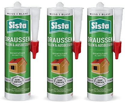 SISTA DRAUSSEN Füllen & Ausbessern, weißer Polymer Dichtstoff für den Außenbereich, wetterfestes Abdichten mit überstreichbarem Fugenfüller, 3x280ml Kartusche