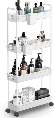 Queta Storage Trolley, Kitchen Storage Utility Cart Mobile Shelving Unit with Handle Hook Slide Out Storage Rack for Office, Kitchen, Bedroom, Bathroom, Laundry Room (4 Tier-White), 21.5 x 40 x 91.5