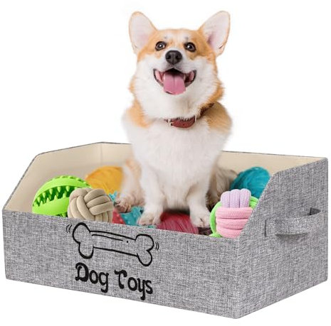 BinWhiz Large Size Dog Toy Box, 50x29x22 cm Collapsible Basket for Dogs and Puppies, Pet Storage Box Chest Holder Organizer with Handles for Toys, Clothes and Accessories, Grey (For Dog)