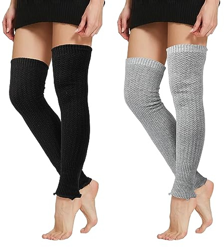QKURT 2 Pcs Long Leg Warmers, Over Knee Sports Yoga Knitted Leg Sleeves Winter Boots Cuff Warmer Dance Gaiters for Women,Girls