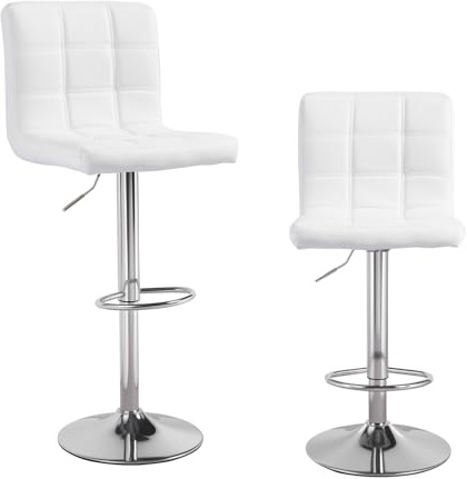 Panana Lot de 2 Tabourets de Bar, Chaises Haut, Hauteur Réglable, Revêtement en PU, Rotatif sur 360°, avec Dossier et Repose-Pieds, Pied Chromé (Blanc)