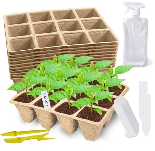 Doubleggs 120 Cells Seed Starter Tray, 10 Pack Biodegradable Peat Pots with 100 Labels, Plant Starter Kit for Seedlings