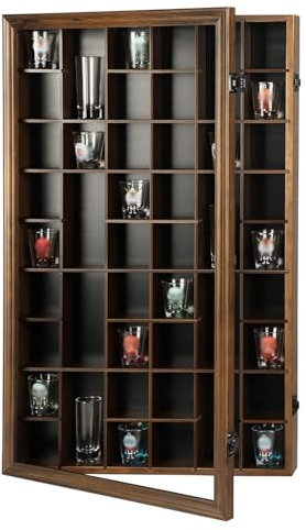 Sboitflmm Shot Glass Display Case - 46 Shot Glass Holder - Shot Glass Shelf Wall Mount Wooden Lockable with Removable Shelves for Collection Shot Glass UV Protection Acrylic Glass Door, Walnut