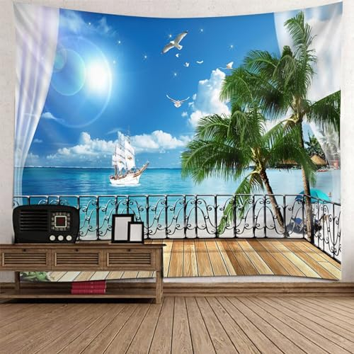 Mesnt Wandteppich Ozean, Blaue grüne Ozeanlandschaft Groß Wanddeko für Schlafzimmer Wohnzimmer Wohnheim, 150x150cm