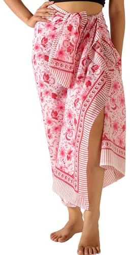 THE ART BOX Sarong 100% Coton pour Femme Indien imprimé Bloc de Bain Maillot de Bain paréo Jupe Portefeuille Plage Bikini Cover Up Long (185 x 110 cm), Rouge/Blanc, Taille Unique