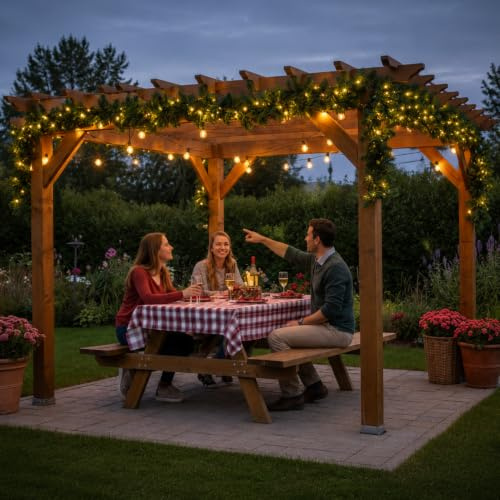 WildFun Girlande Weihnachten,10M/32FT Girlande Weihnachten Batterie mit Beleuchtung 200 LEDs, Kugeln,künstliche Weihnachtsgirlande mit Lichtern für Innen und Außen, Stairs, Fireplace,