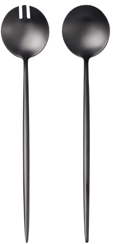 Lemeya Black Salad Serving Utensils,Serving Spoons Stainless Steel,2Pcs Long Handle Salad Servers 11.42 Inch,Salad Utensils for Serving,Matte Finish,Dishwasher Safe