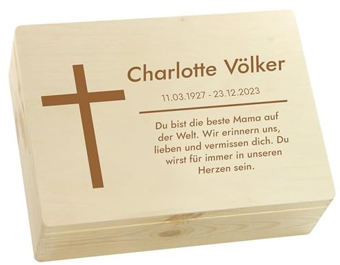 LAUBLUST Trauer Erinnerungsbox - Trauerkiste Personalisiert mit Name, Wunschtext oder Foto | Erinnerungsbox Verstorbene - Holzkiste Natur, FSC® (Kreuz Motiv, ca. 40 x 30 x 14 cm | L)