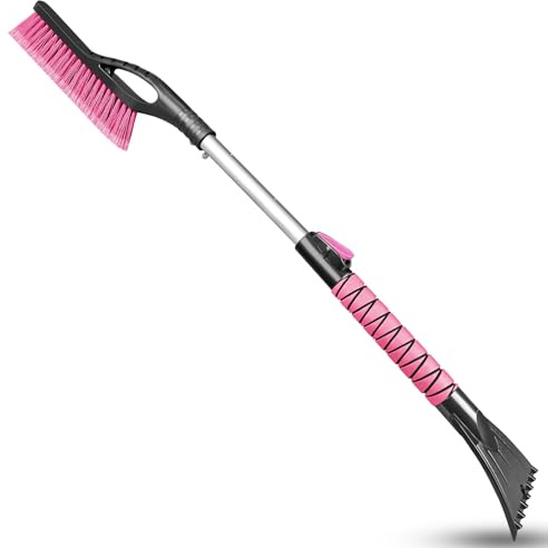 HEEYA Brosse à Neige Extensible pour Voiture, grattoir à Neige et grattoir à Glace pour Pare-Brise de SUV, grattoir à Neige et Brosse avec poignée en Mousse pour Camion Automobile – Rose
