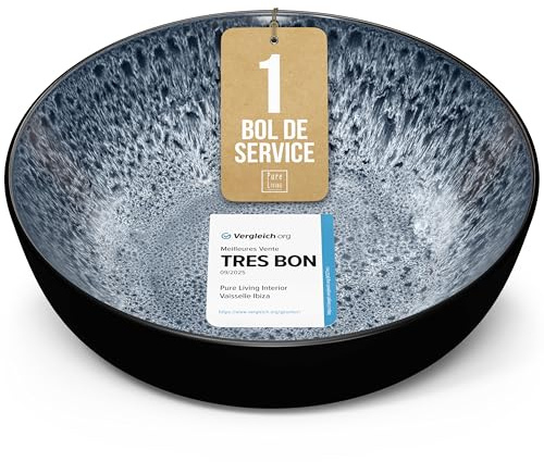Steingut Servierschüssel Ibiza TESTSIEGER, Traumhafte Mediterrane Salatschüssel, Servierschale - Bowl Schüssel Groß, Salatschale - Pure Living in Graublau